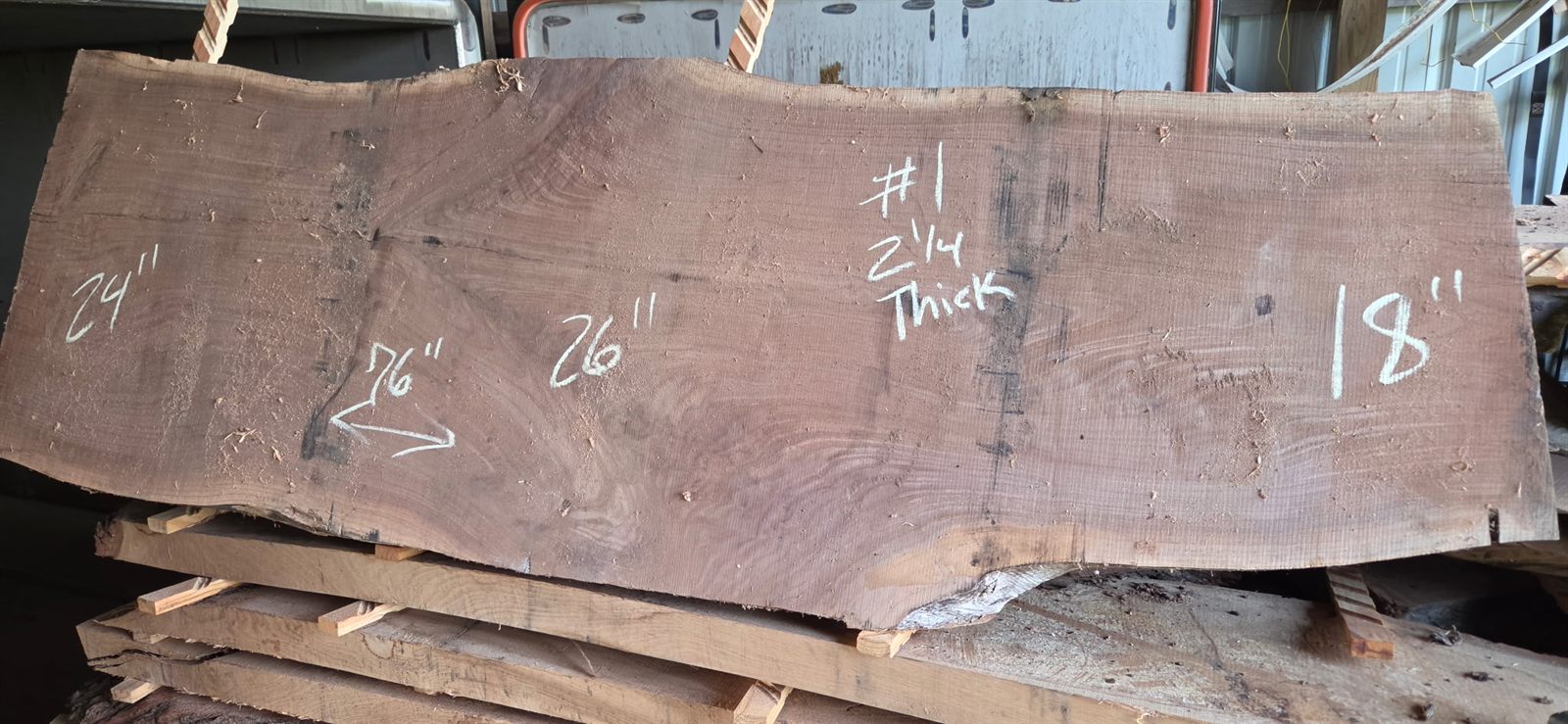 Black walnut slab number 1, 2 and a quarter inch thick, 76 inches long, 26 inches wide, for sale at Indianola Sawmill