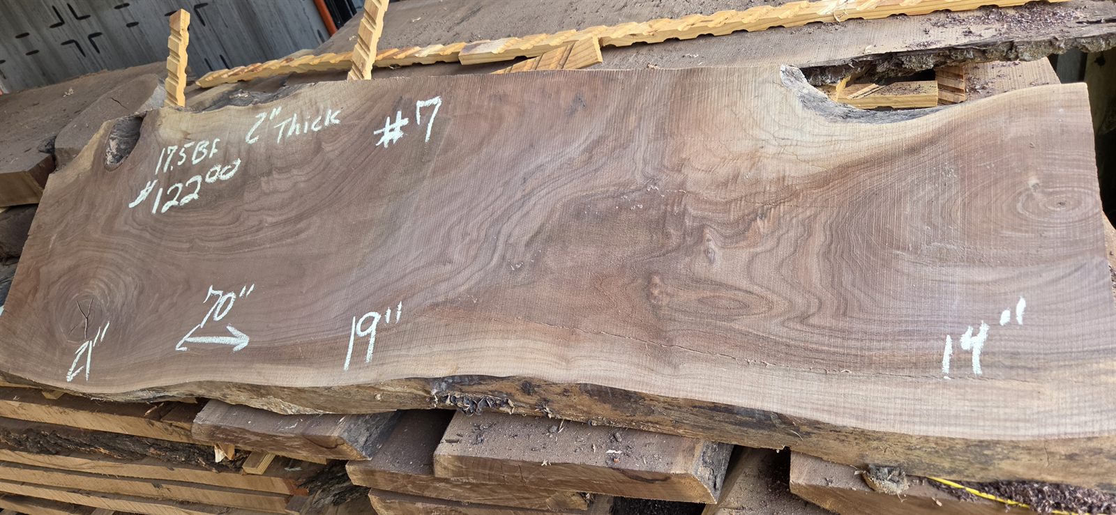 Black walnut slab number 7, 2 inch thick, 70 inches long, 19 inches wide